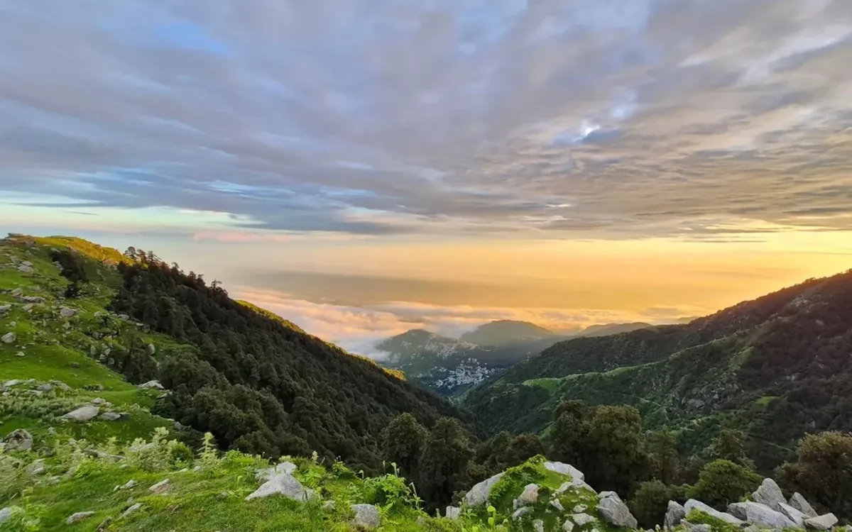 Evening light over the grassy Triund ridge